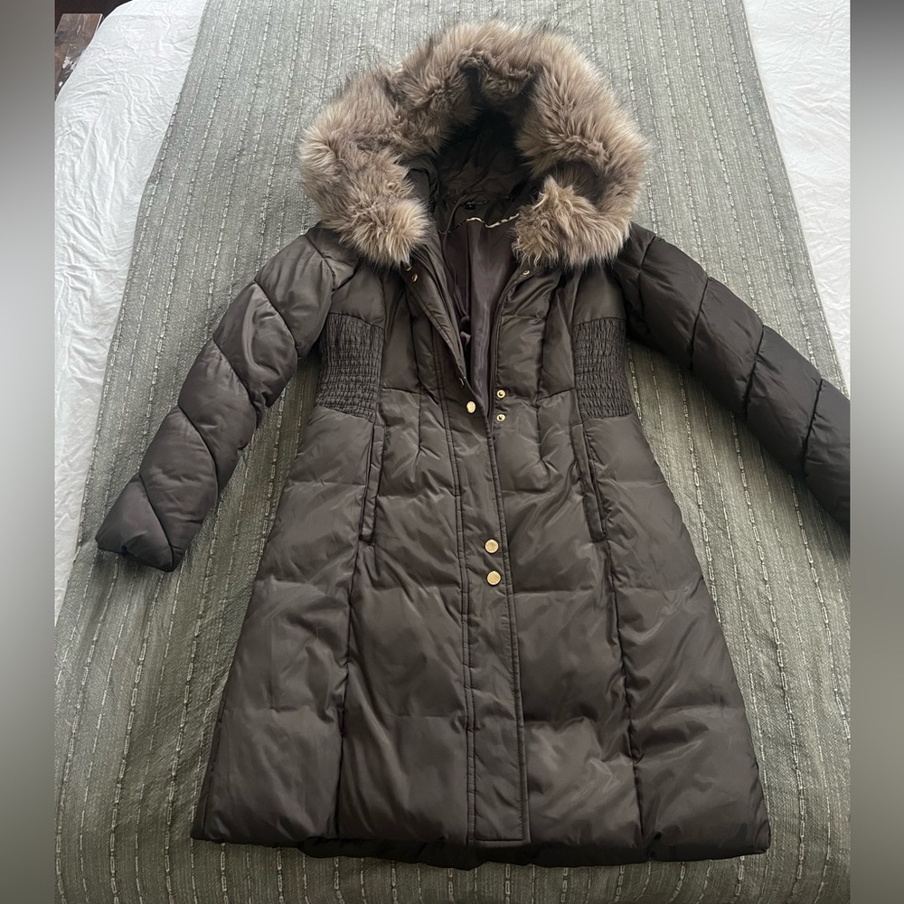 Via Spiga Green/Brown Puffer Coat with Fur Hood